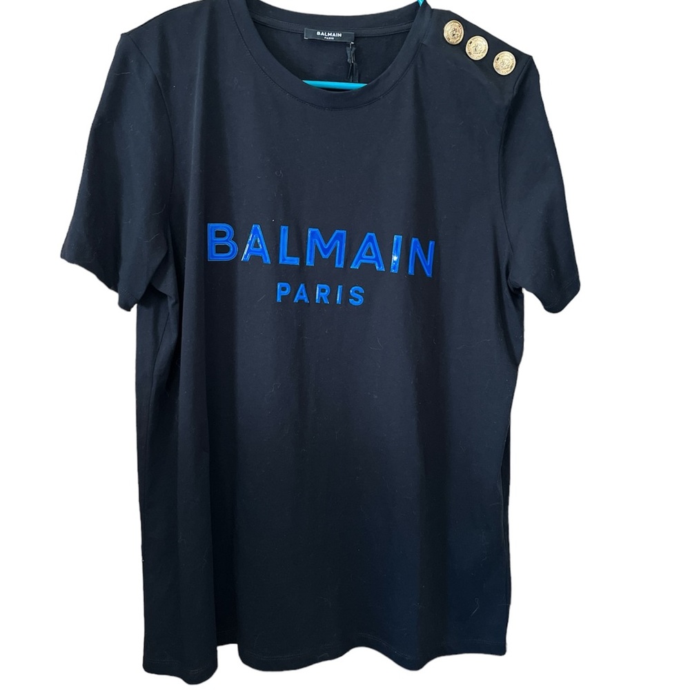 NWT Balmain black t-shirt with blue silicon logo and gold buttons women XL